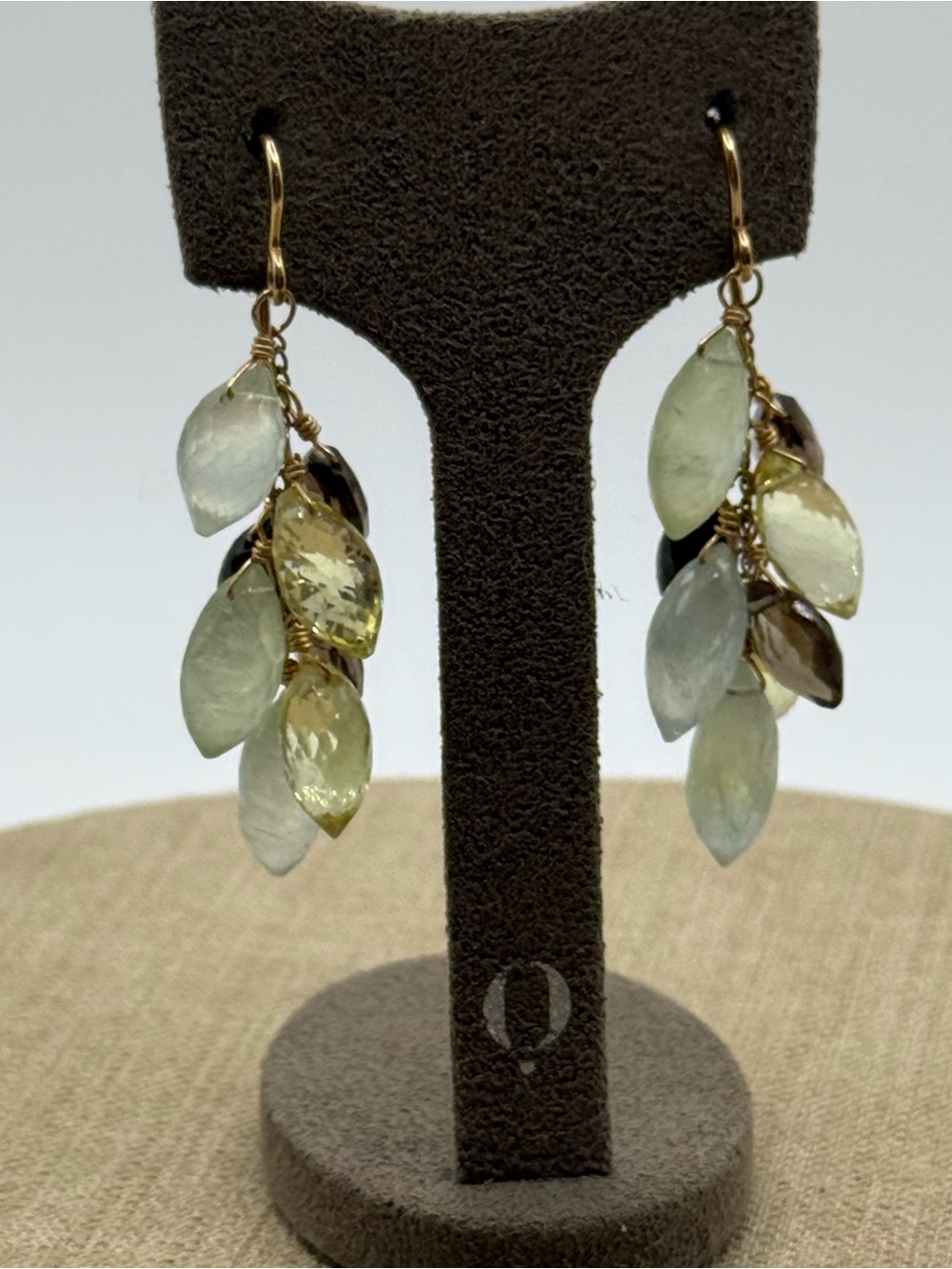 Gold tone Drop Earrings with Prehnite and Smoky Gem Leaves